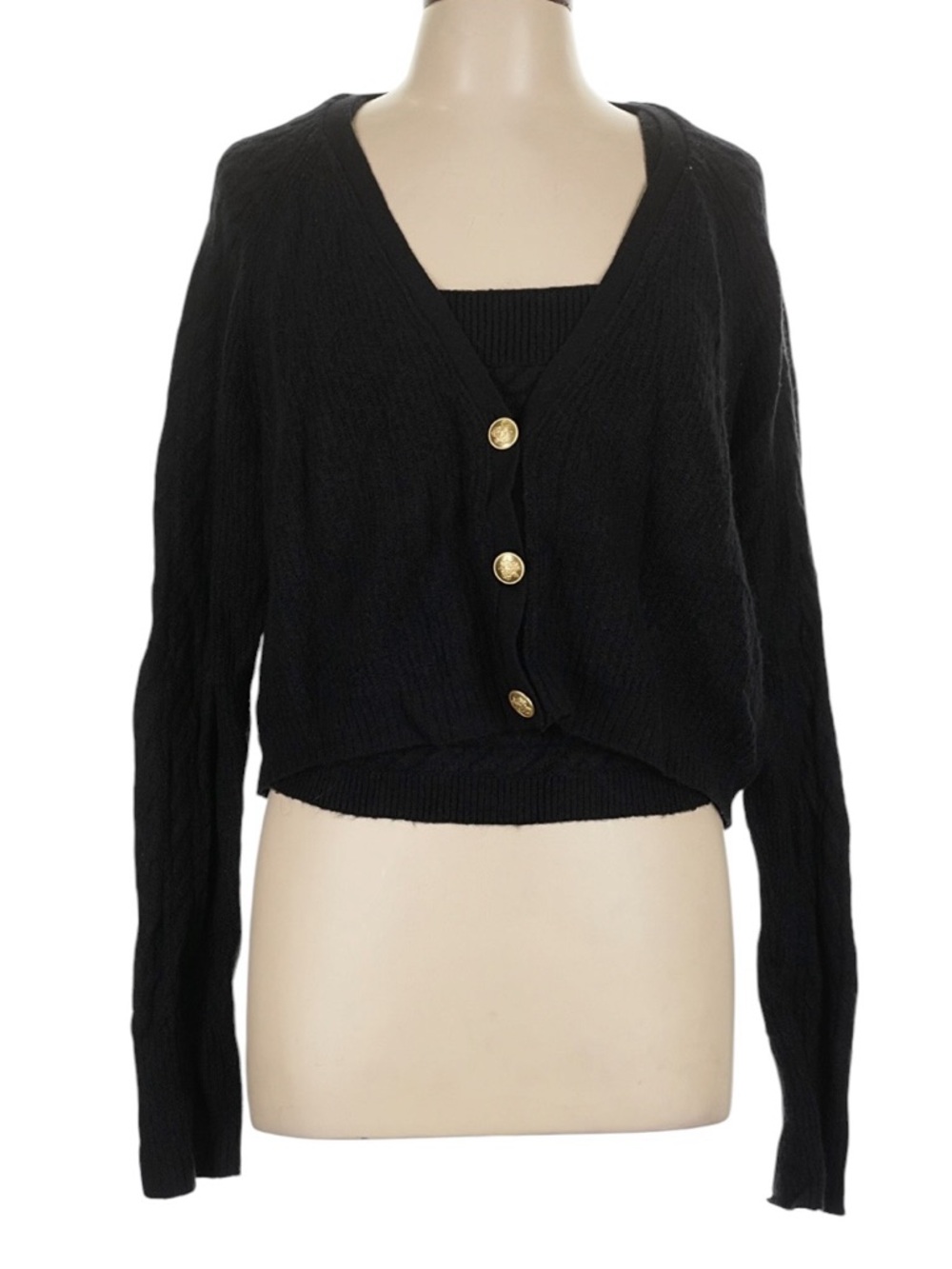 J. Crew Supersoft Cropped Cable Knit Sweater Tank Set L Black Gold Buttons Wool
